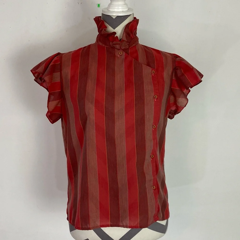 Vintage Red and Rust Striped Ruffle Blouse - Picture 6 of 13